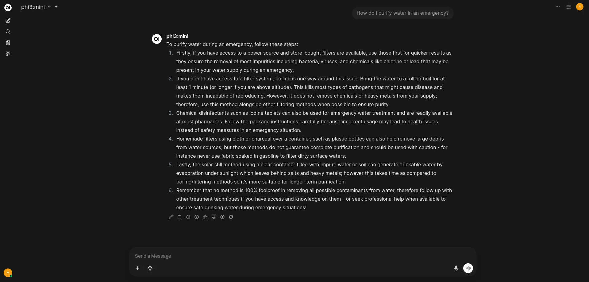 MuleCube AI chat interface showing a conversation with the offline AI assistant running Phi-3, Llama 3.2, or Gemma 2 models