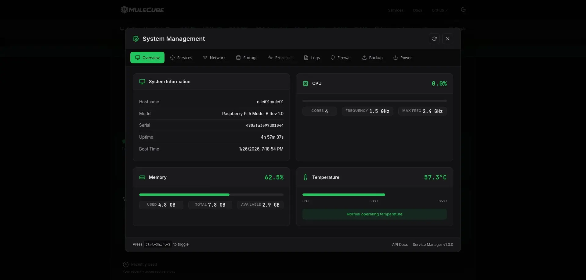 MuleCube System Management panel showing hardware info, CPU usage, memory, temperature, with tabs for services, network, storage, and power