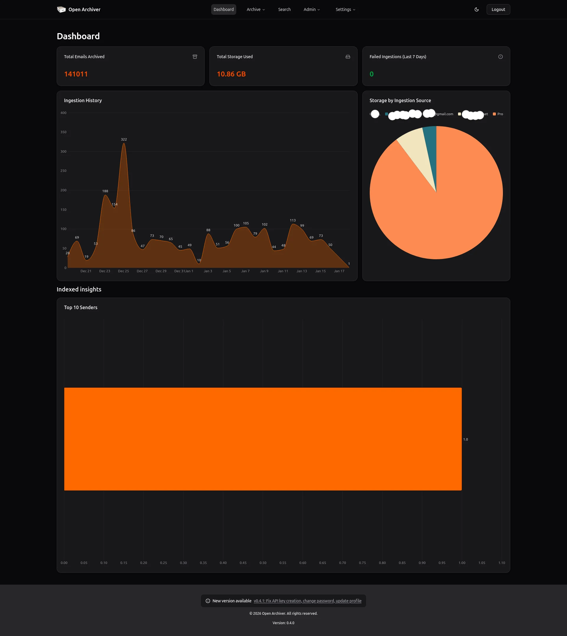 Open Archiver email search interface with full-text search across 140,000+ archived emails offline