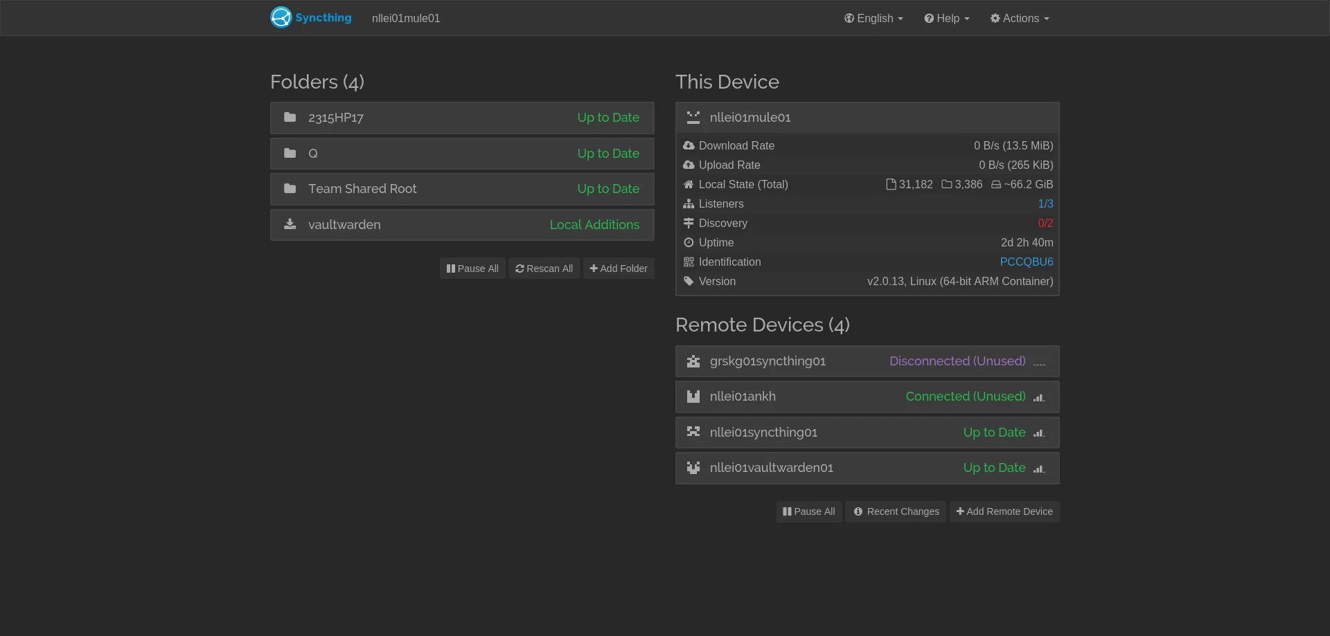 Syncthing device synchronization dashboard showing automatic file sync between laptop, phone, and MuleCube