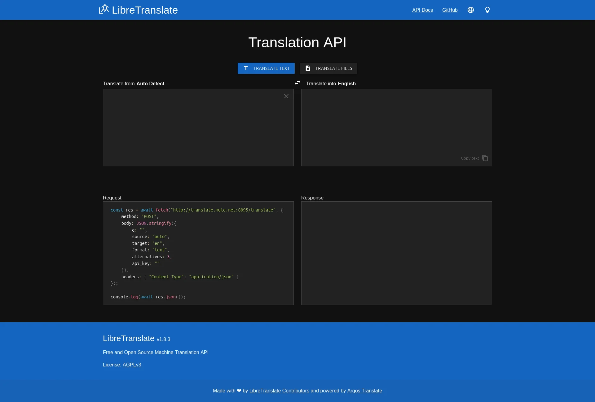 LibreTranslate interface showing text translation between 49 languages running locally on MuleCube